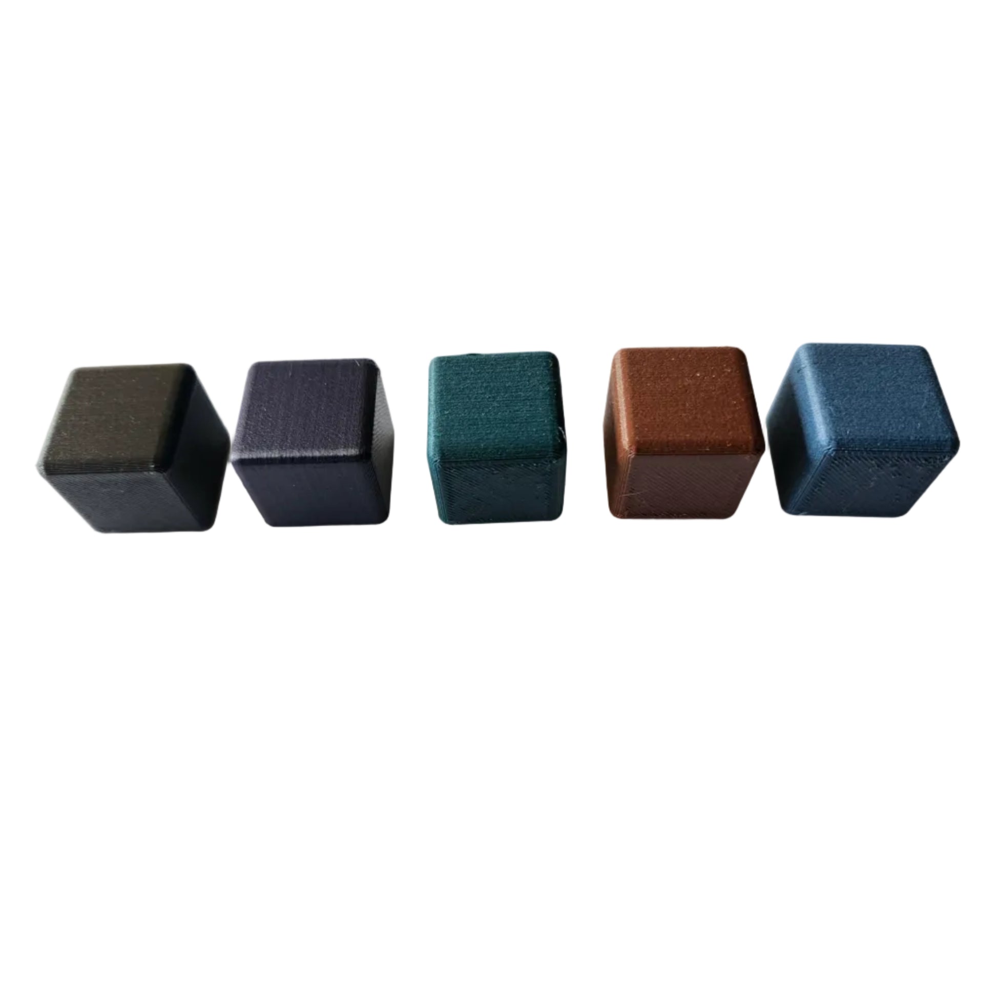 Five colored cubes arranged in a row on a white surface